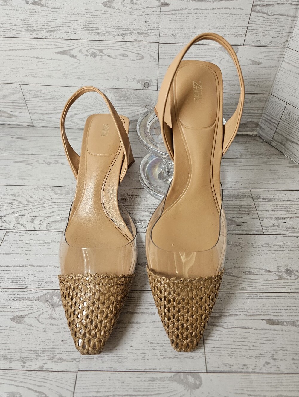 ZARA Clear Vinyl Woven Raffia Slingback Block Heels Size 40 US 9